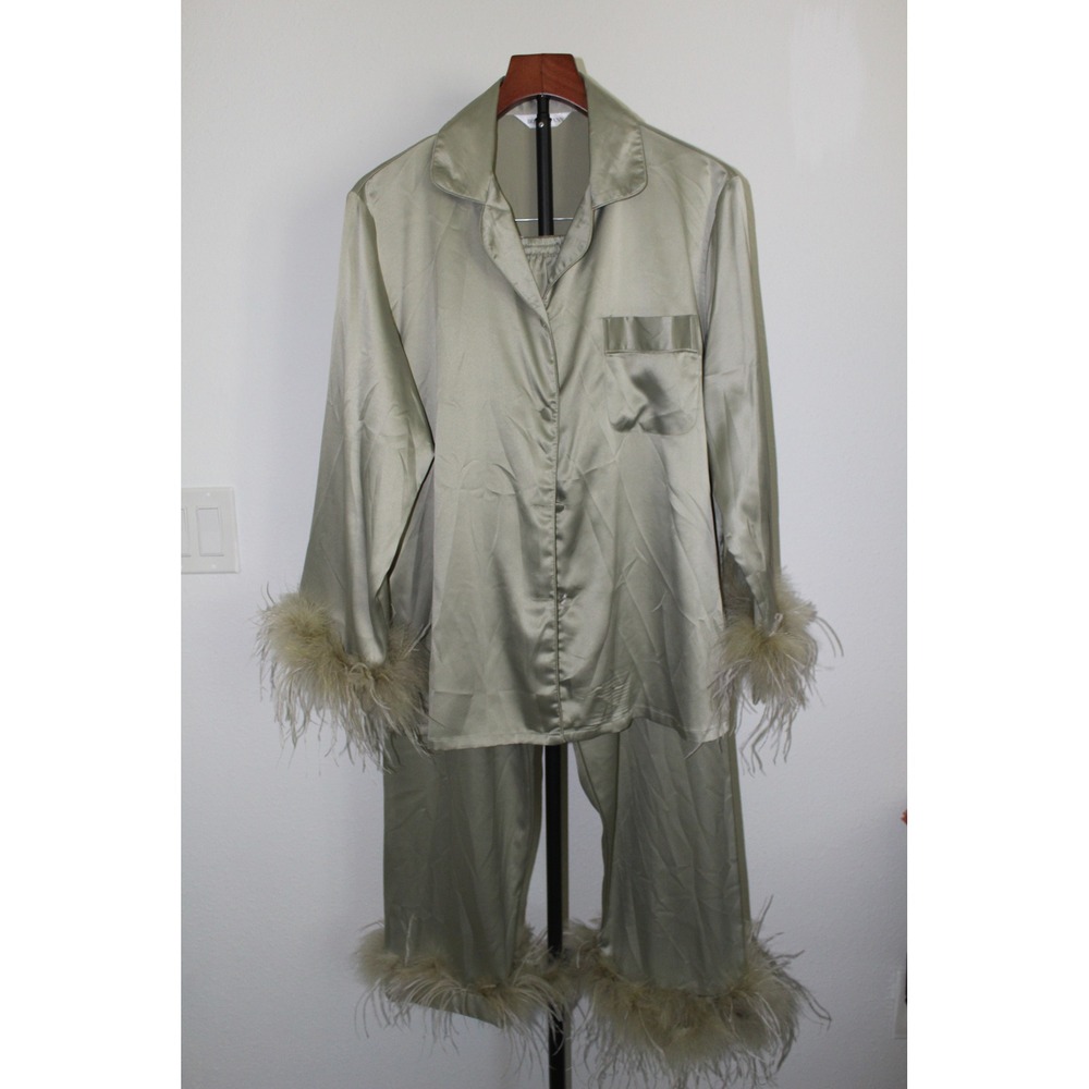 Bon Viviann Sage Green Satin‎ Feather Trim Pajama Set Large Loungewear 2 Piece